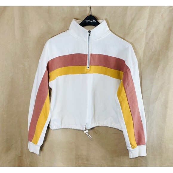 Pink Republic Sweaters - Pink Republic Cropped White Striped Quarter-Zip Crewneck Sweater